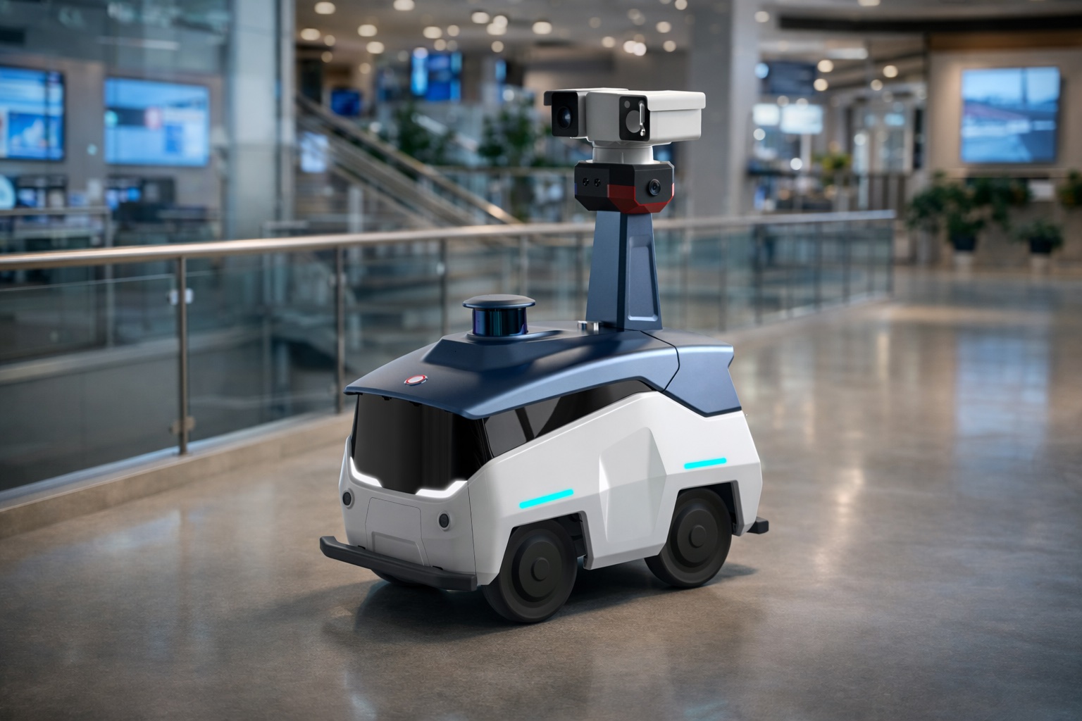 Bot-Y patrolling a modern facility